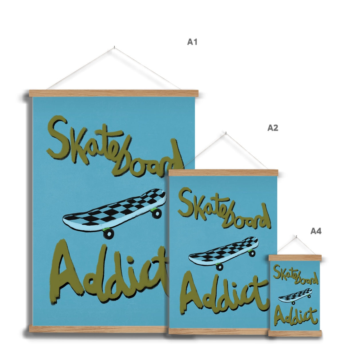 Skateboard Addict - Olive Green, Blue Fine Art Print with Hanger