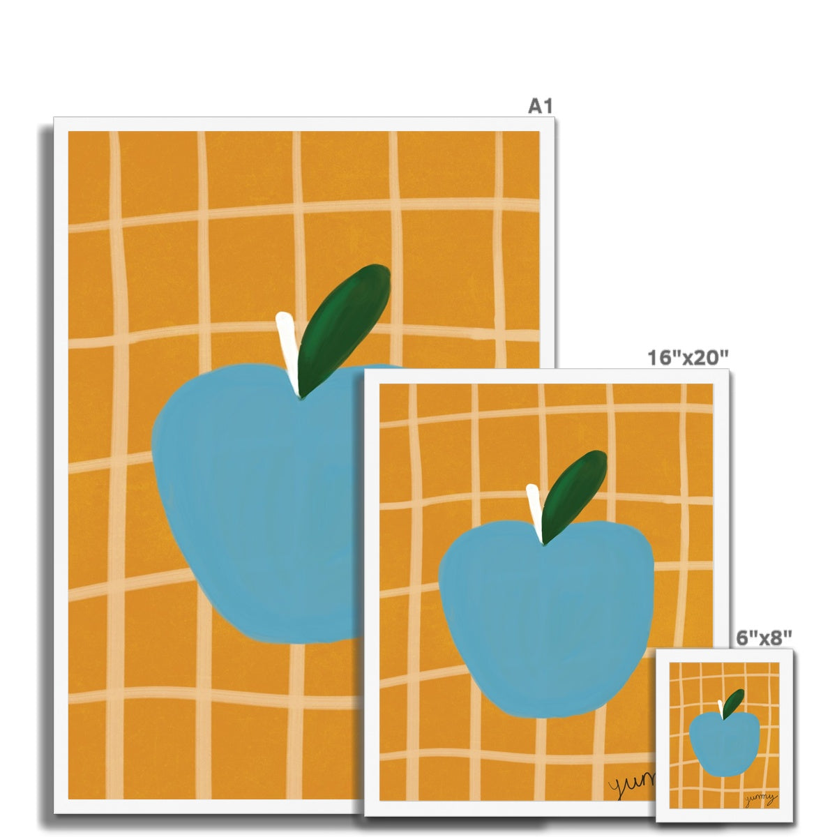 Yummy Apple Print - Brown, Blue Framed Print
