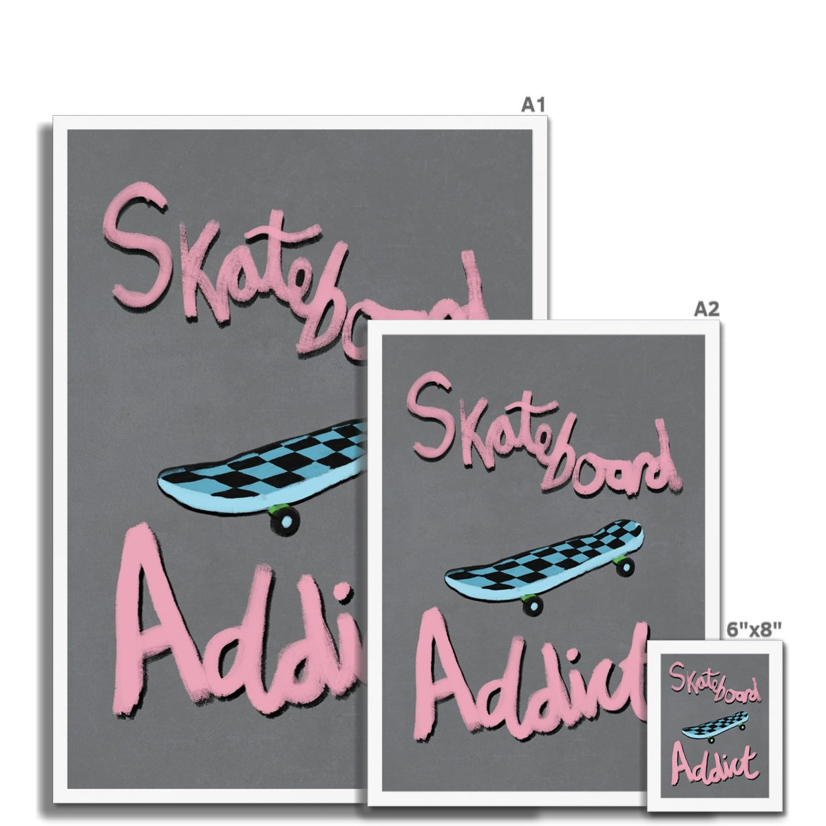 Skateboard Addict - Light Grey, Pink, Blue Framed Print