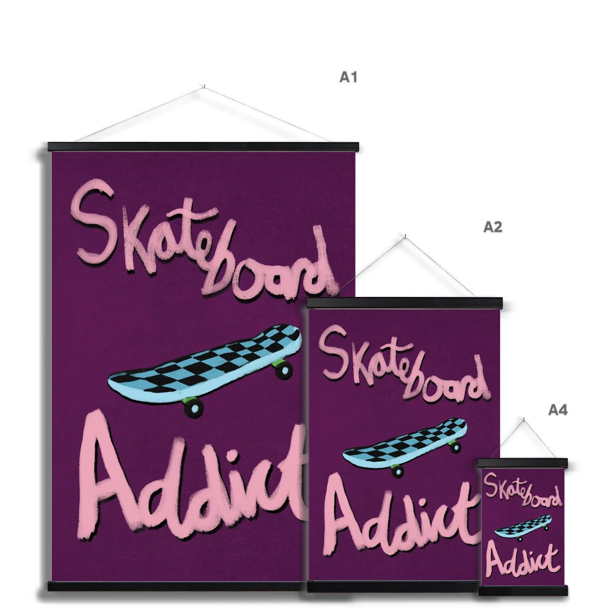 Skateboard Addict - Dark Purple, Pink, Blue Fine Art Print with Hanger