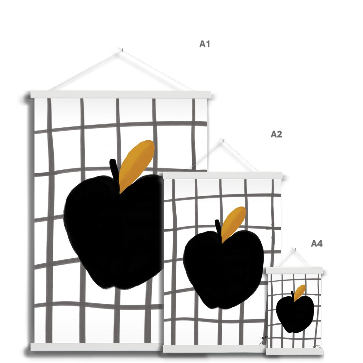 Yummy Apple Print - White with Black Fine Art Print with Hanger