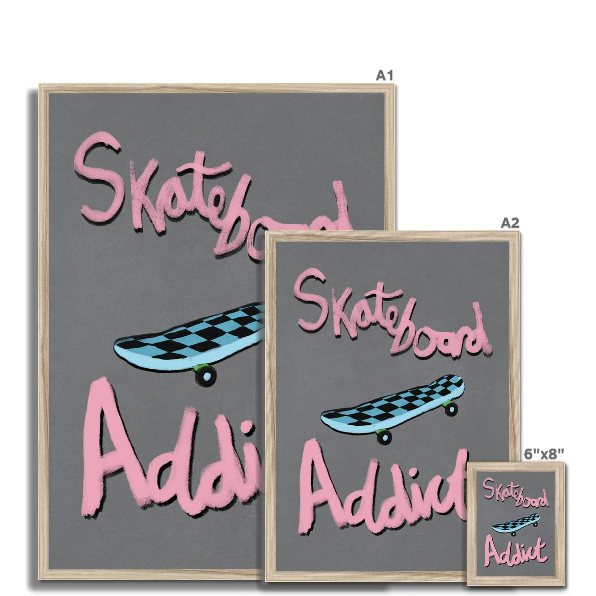 Skateboard Addict - Light Grey, Pink, Blue Framed Print