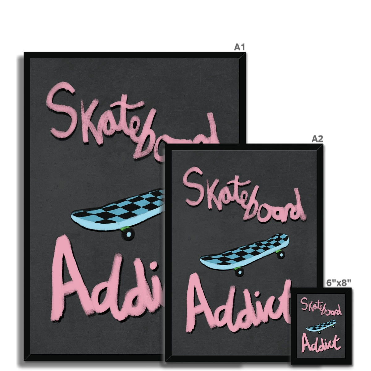 Skateboard Addict Grey, Pink, Blue Framed Print
