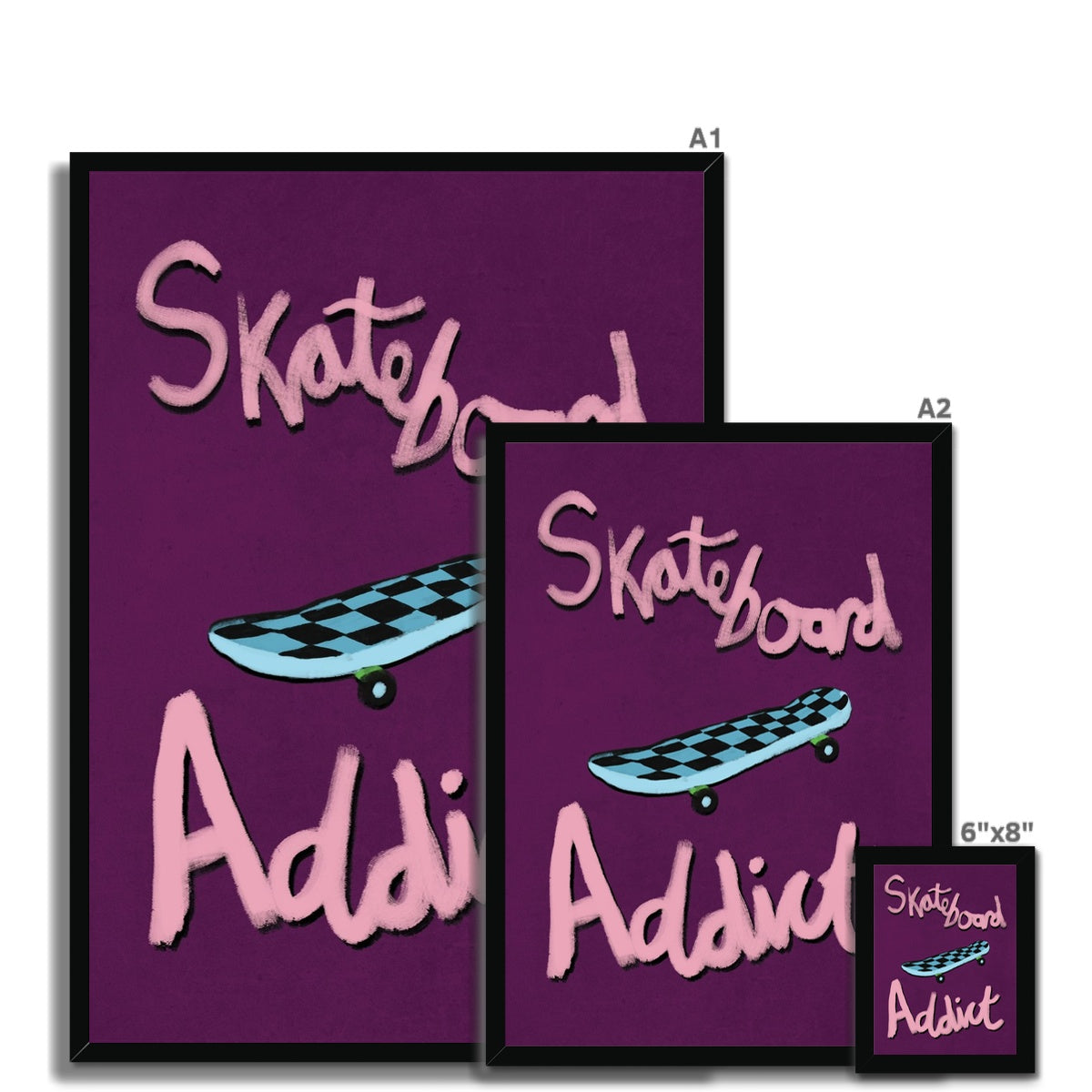 Skateboard Addict - Dark Purple, Pink, Blue Framed Print