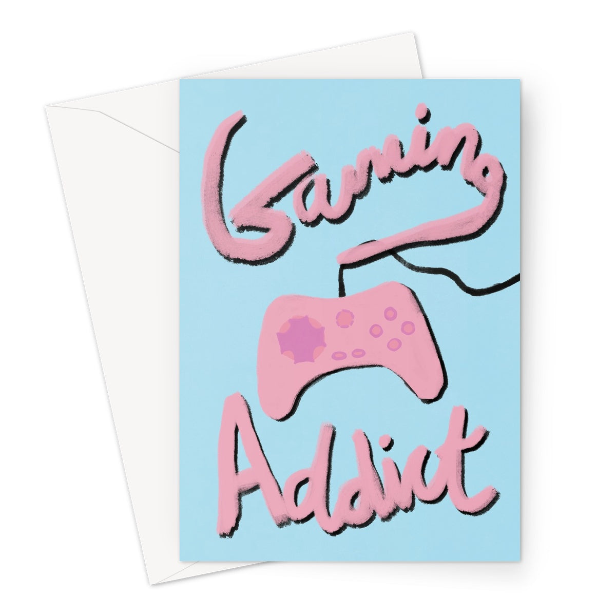 Gaming Addict Print - Light Blue, Pink Greeting Card