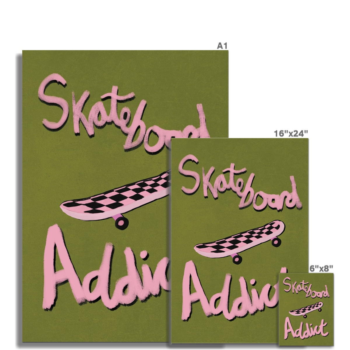 Skateboard Addict - Olive Green, Pink Fine Art Print