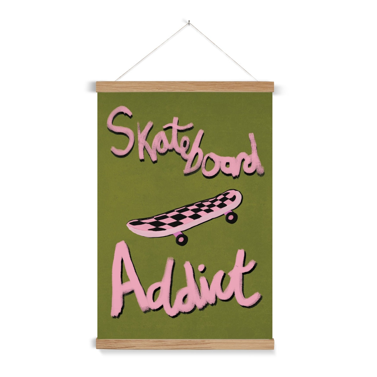 Skateboard Addict - Olive Green, Pink Fine Art Print with Hanger