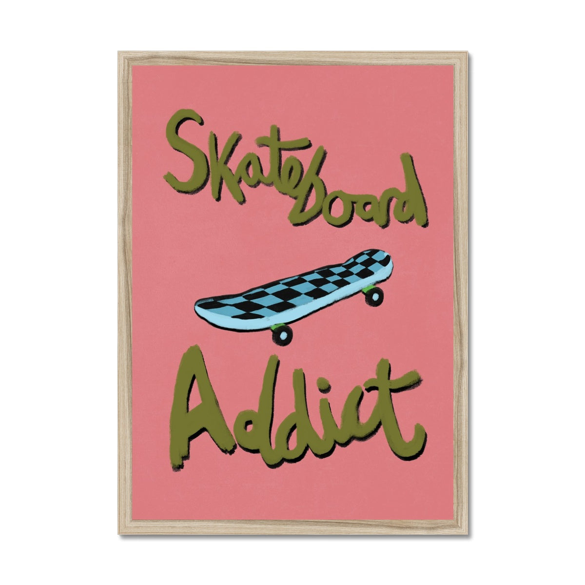 Skateboard Addict - Coral, Olive Green, Blue Framed Print