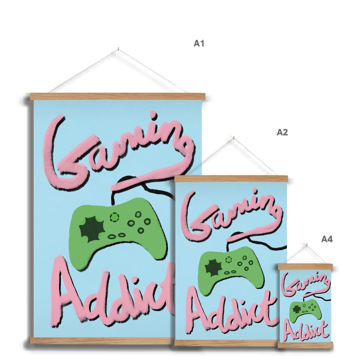 Gaming Addict Print - Light Blue, Pink, Green Fine Art Print with Hanger