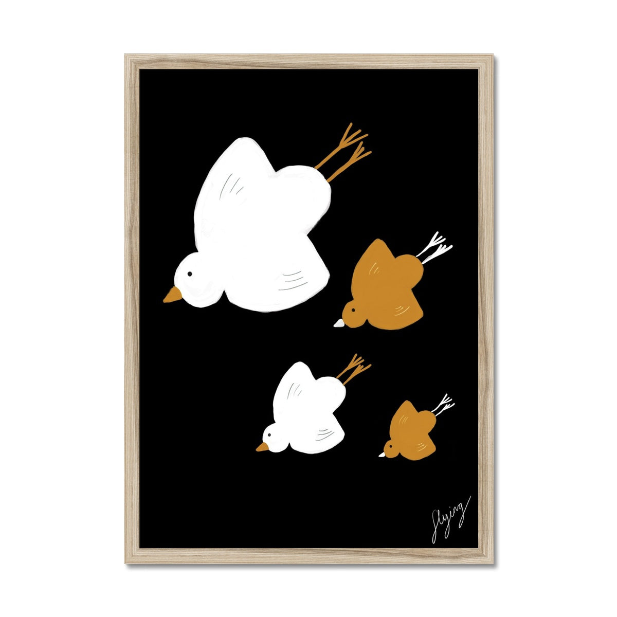 Flying Birds Print - Black with white, brown Framed Print