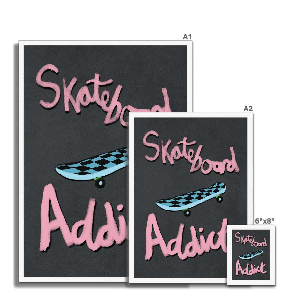 Skateboard Addict Grey, Pink, Blue Framed Print