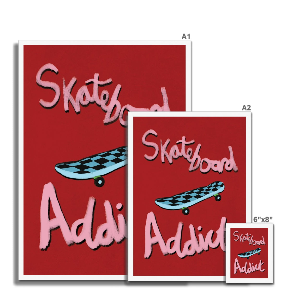 Skateboard Addict - Red, Pink, Blue Framed Print