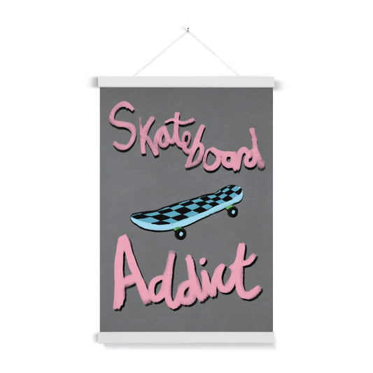 Skateboard Addict - Light Grey, Pink, Blue Fine Art Print with Hanger