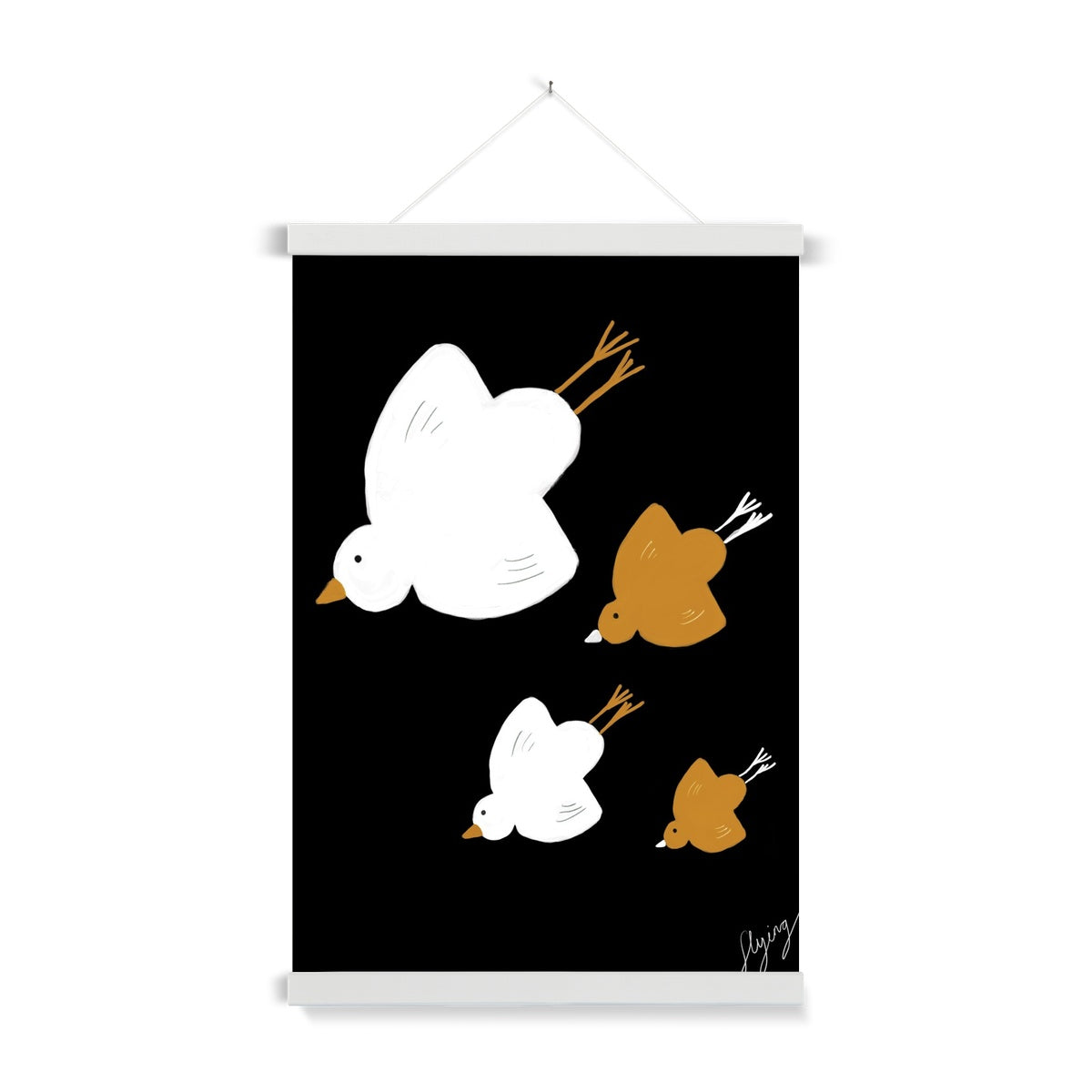 Flying Birds Print - Black with white, brown Fine Art Print with Hanger