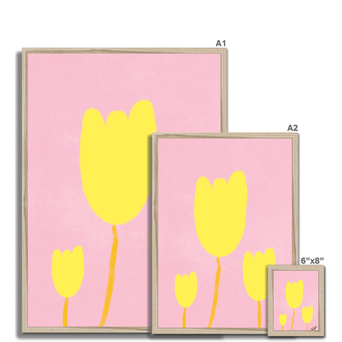 Tulips Print - Pink, Bright Yellow Framed Print