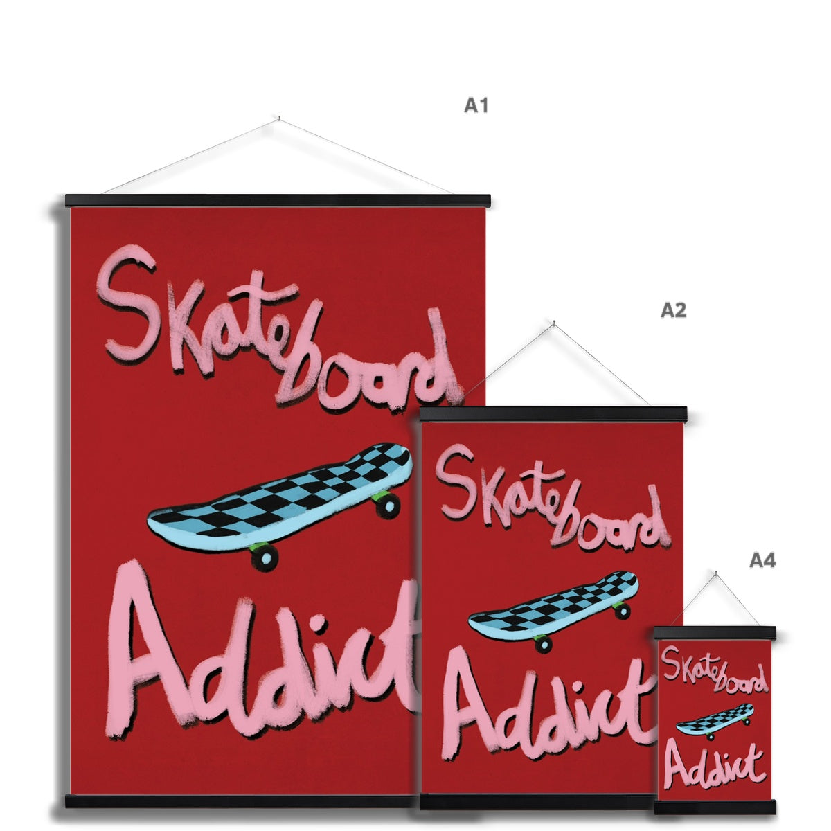 Skateboard Addict - Red, Pink, Blue Fine Art Print with Hanger