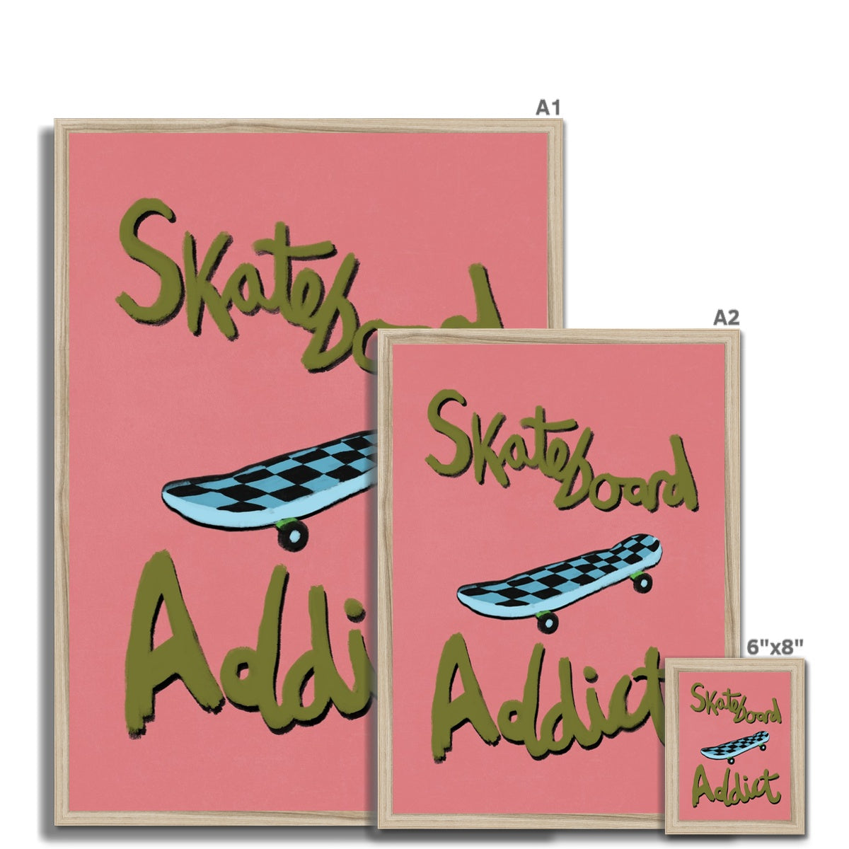 Skateboard Addict - Coral, Olive Green, Blue Framed Print