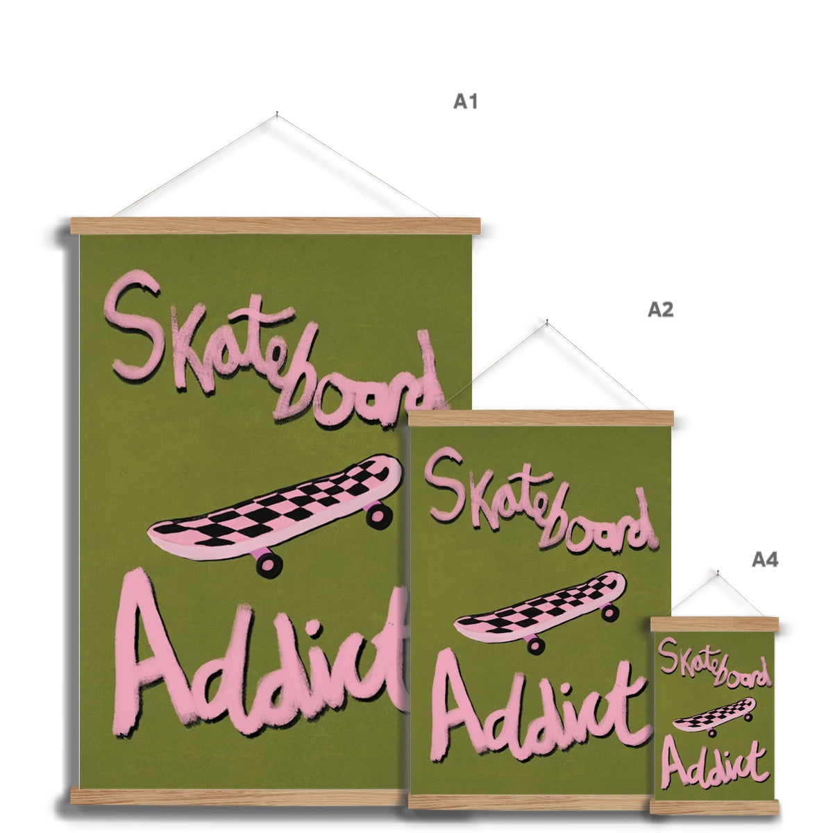 Skateboard Addict - Olive Green, Pink Fine Art Print with Hanger