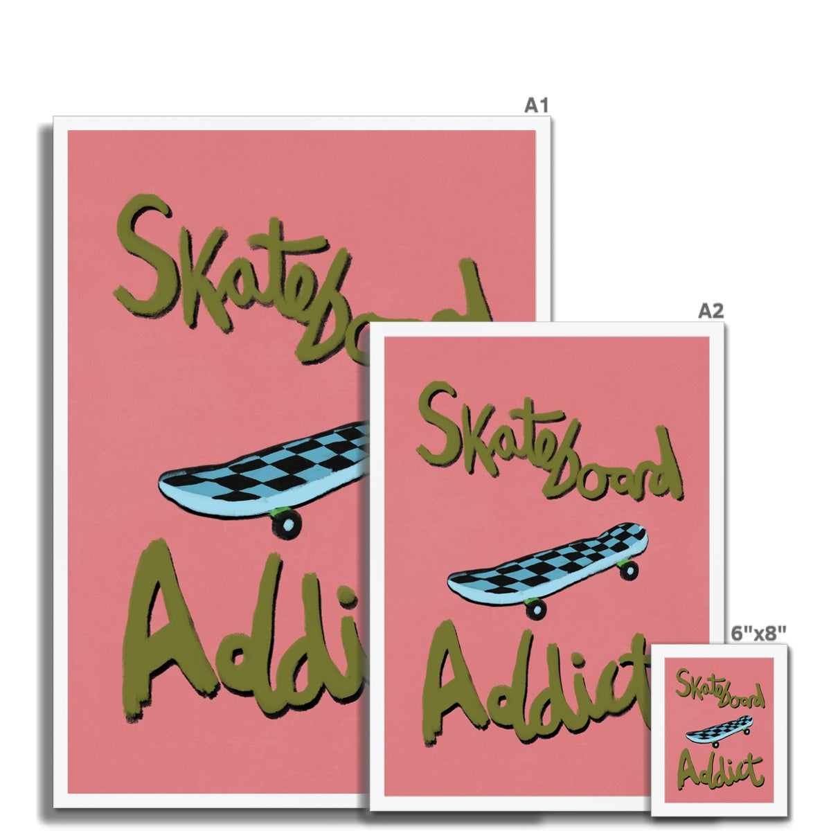 Skateboard Addict - Coral, Olive Green, Blue Framed Print