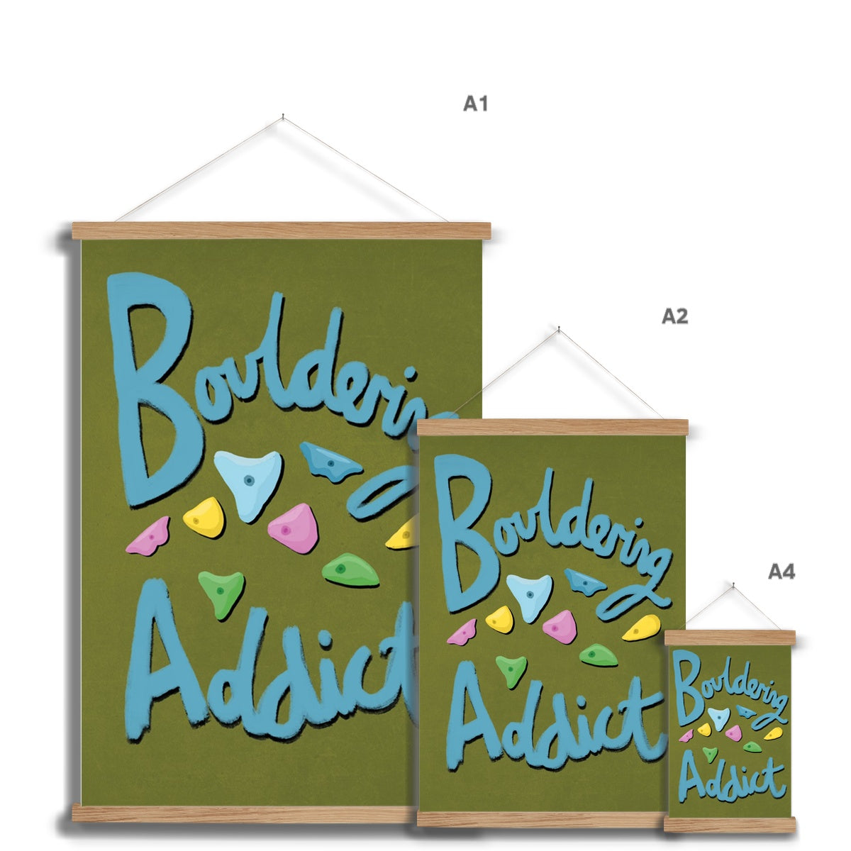 Bouldering Addict - Olive Green and Blue Fine Art Print with Hanger