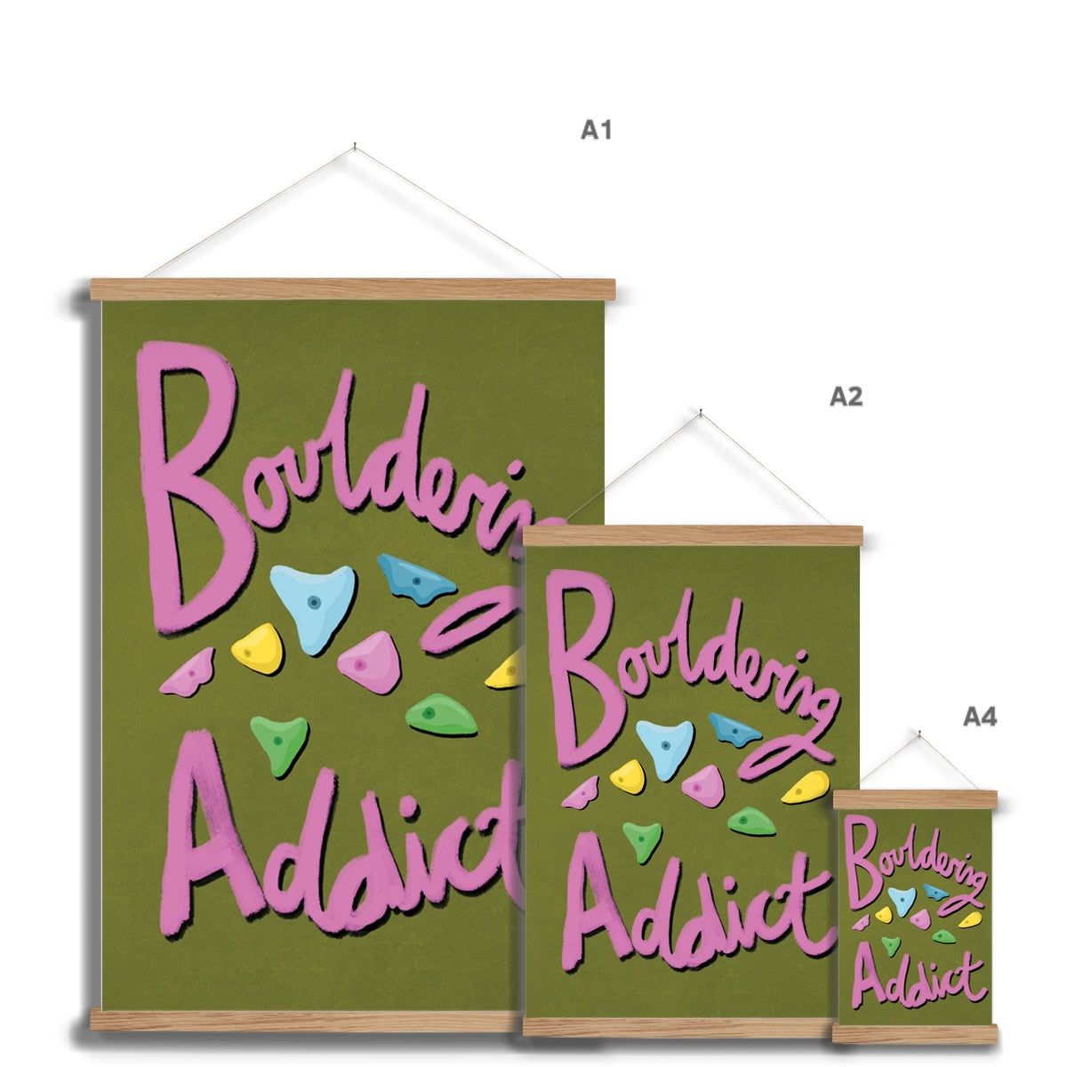 Bouldering Addict - Olive Green and Pink Fine Art Print with Hanger