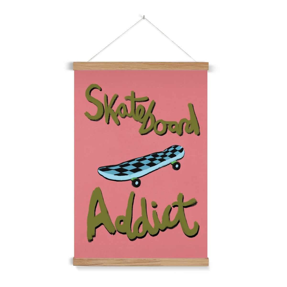 Skateboard Addict - Coral, Olive Green, Blue Fine Art Print with Hanger