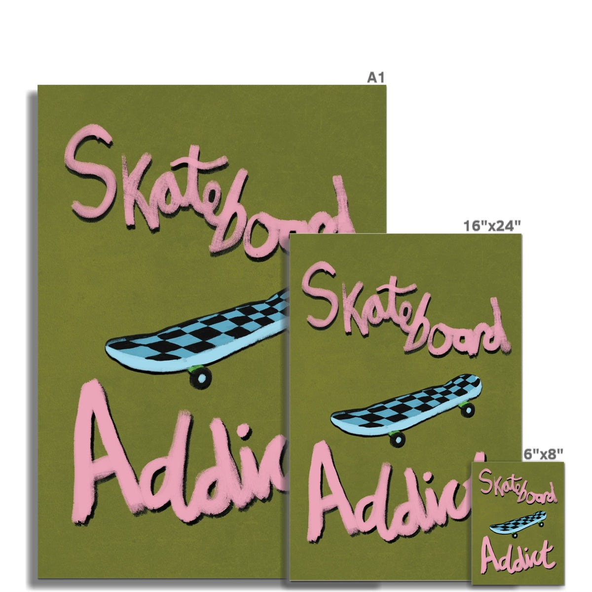 Skateboard Addict - Olive Green, Pink, Blue Fine Art Print