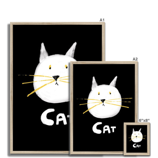Cat Print - Black with white Framed Print