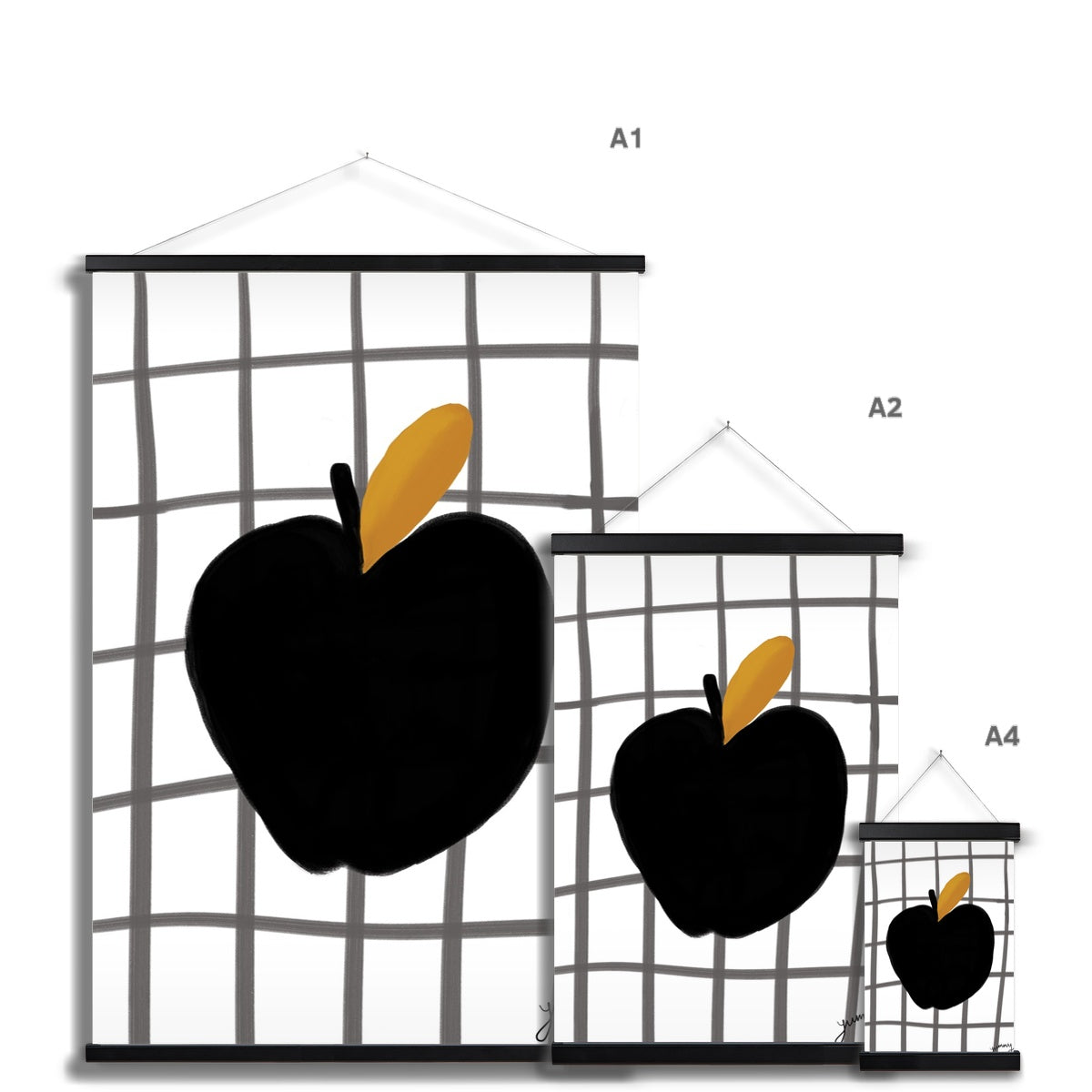 Yummy Apple Print - White with Black Fine Art Print with Hanger