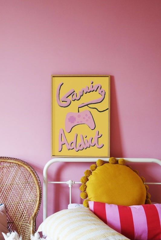 Gaming Addict Print - Yellow, Pink Framed Print