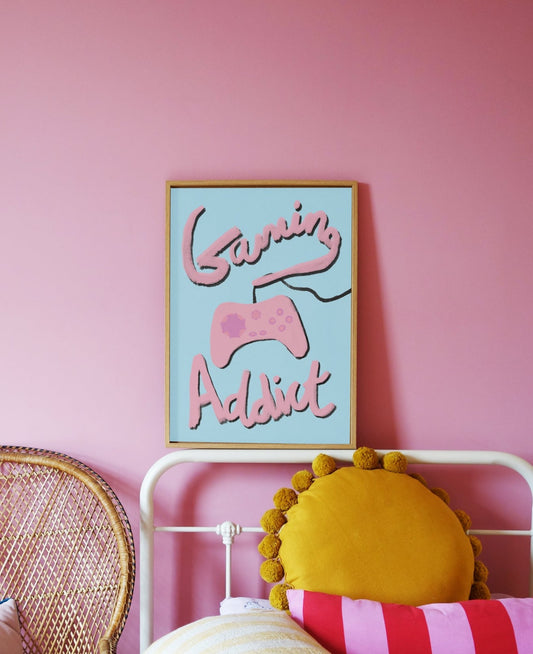 Gaming Addict Print - Light Blue, Pink Framed Print