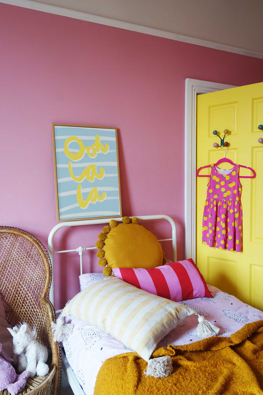 Ooh La La Art Print - Blue, White and Yellow Framed Print