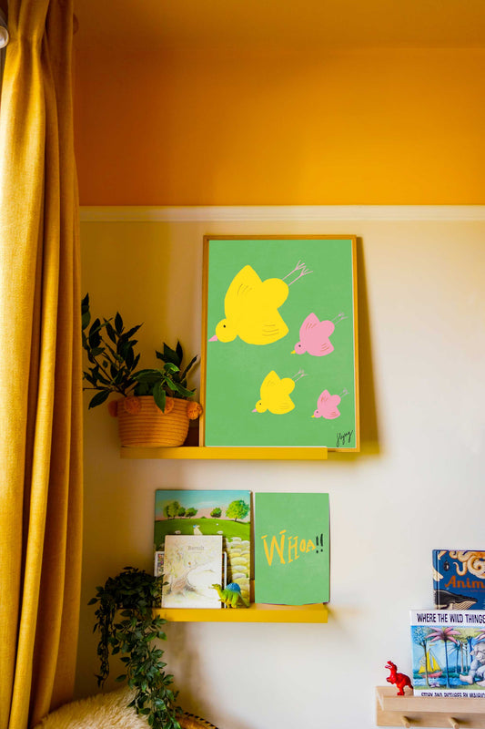 Flying Birds Print - Green, Yellow, Pink Fine Art Print