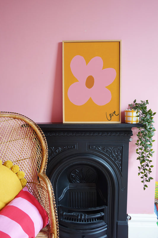 Love Flower Print-Brown, Pink, Brown Framed Print