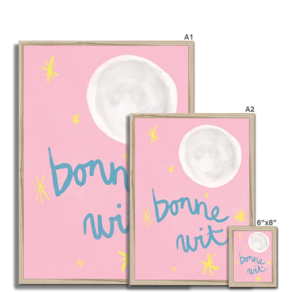 Bonne Nuit Print - Pink with blue Framed Print