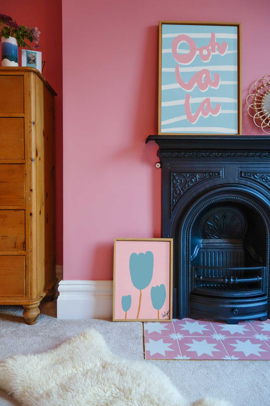 Ooh La La Art Print - Blue, White and Pink Framed Print