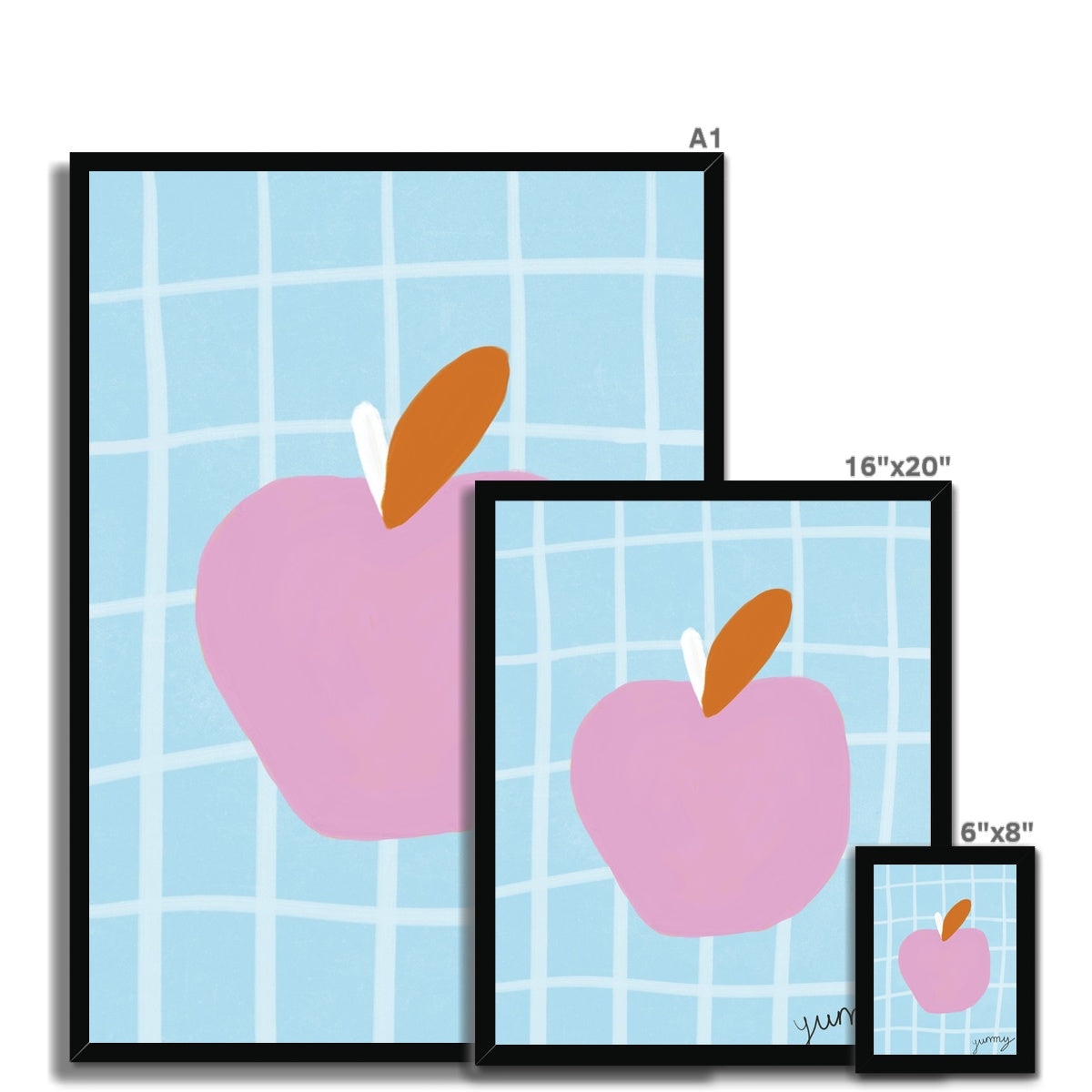 Yummy Apple Print - Blue, Pink Framed Print