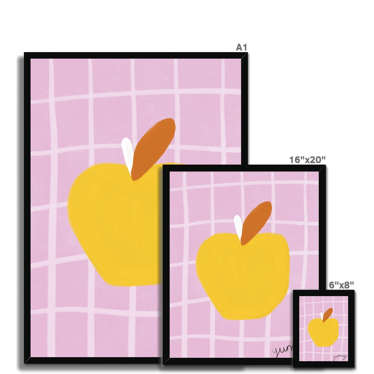 Yummy Apple Print - Dark Pink, Dark Yellow Framed Print