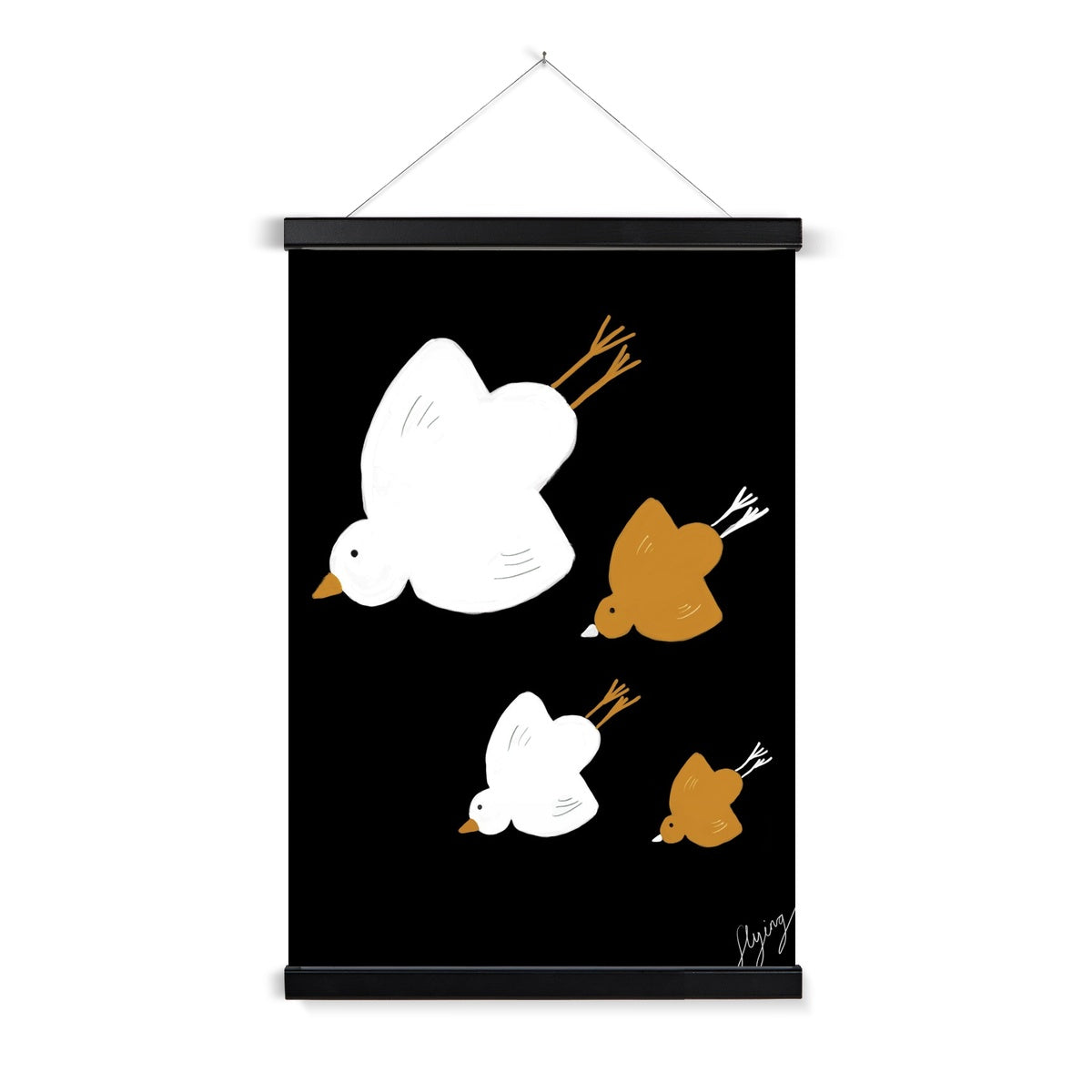 Flying Birds Print - Black with white, brown Fine Art Print with Hanger