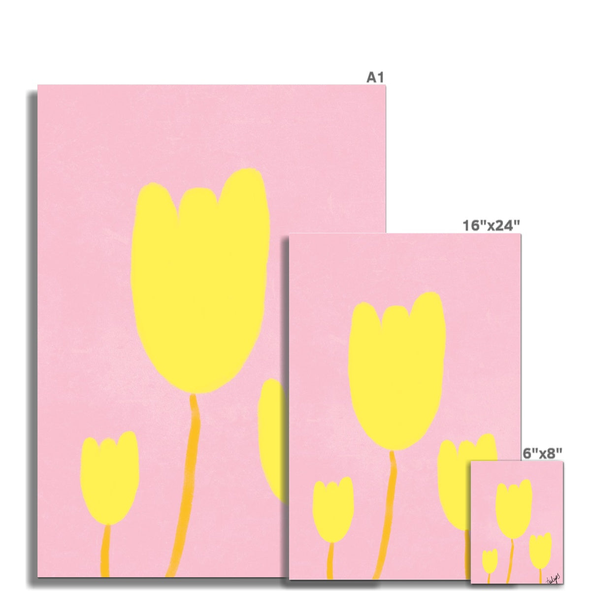 Tulips Print - Pink, Bright Yellow Fine Art Print