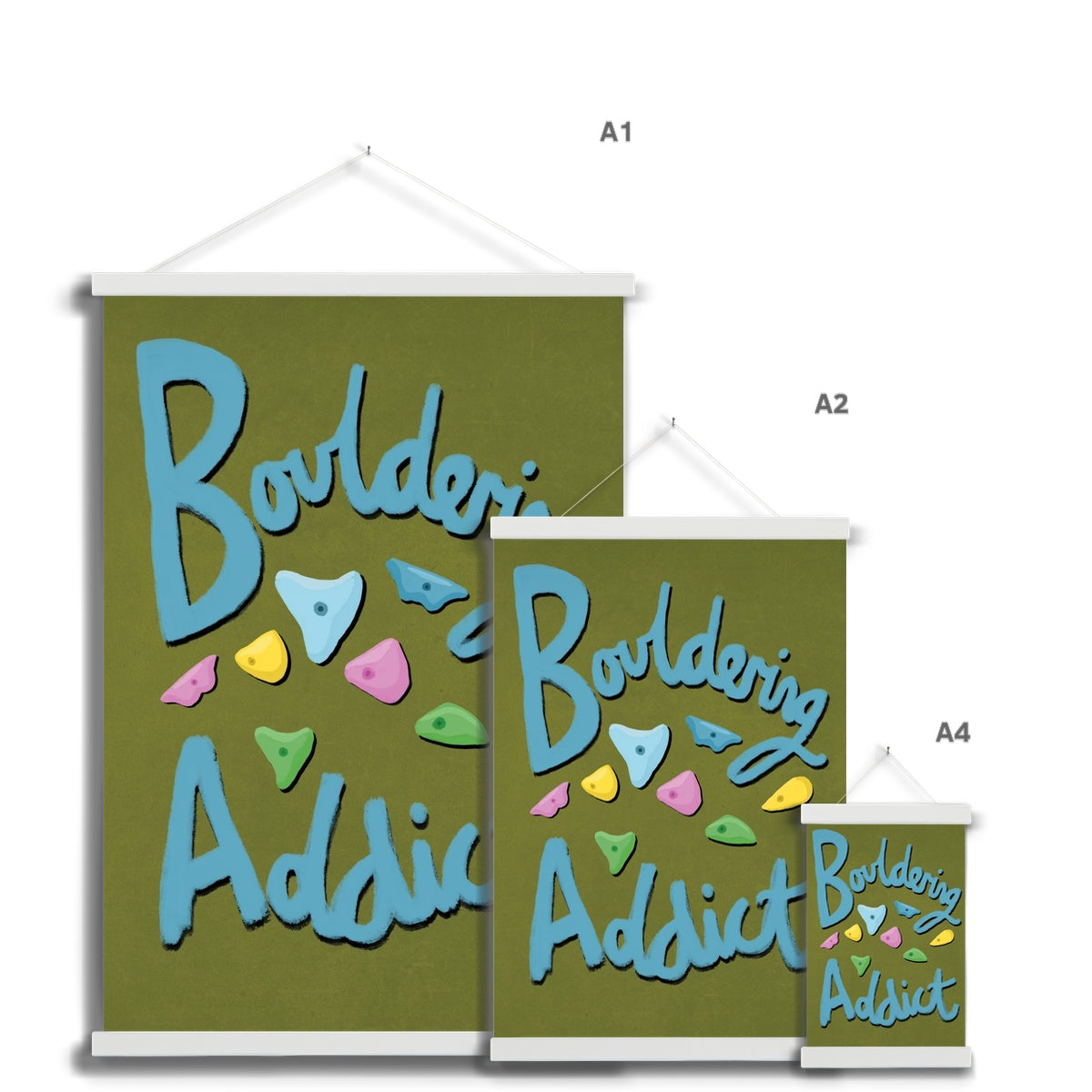 Bouldering Addict - Olive Green and Blue Fine Art Print with Hanger