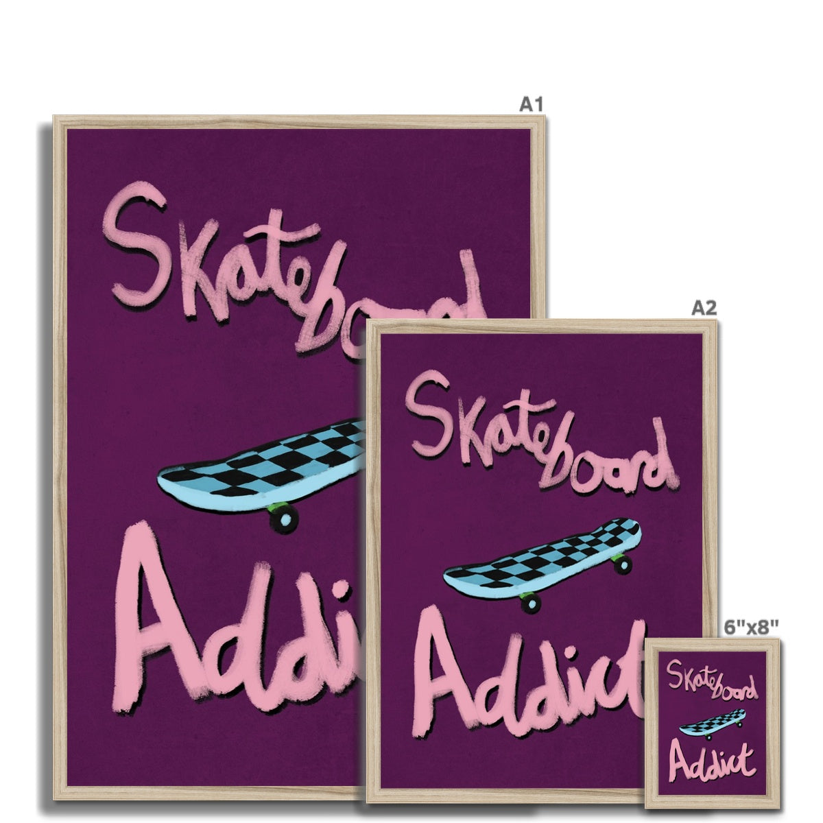 Skateboard Addict - Dark Purple, Pink, Blue Framed Print