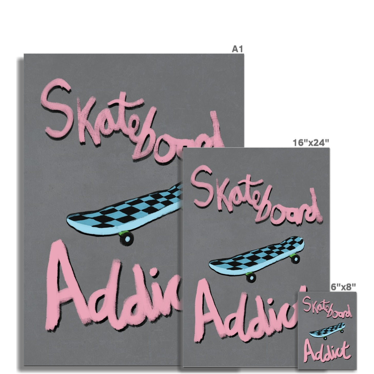 Skateboard Addict - Light Grey, Pink, Blue Fine Art Print