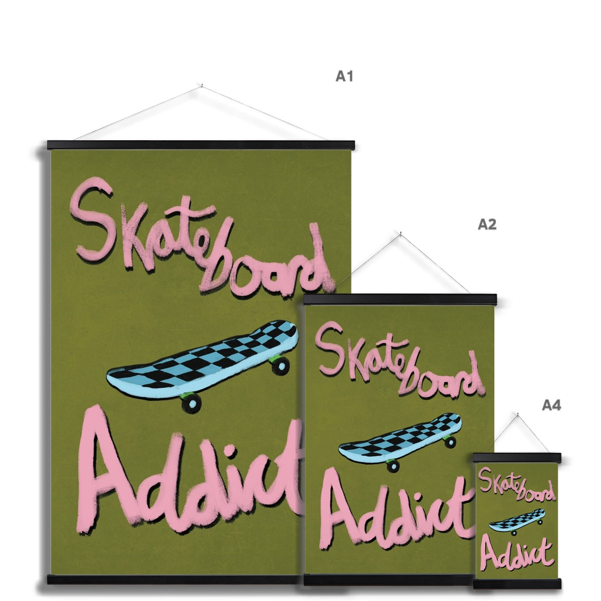 Skateboard Addict - Olive Green, Pink, Blue Fine Art Print with Hanger