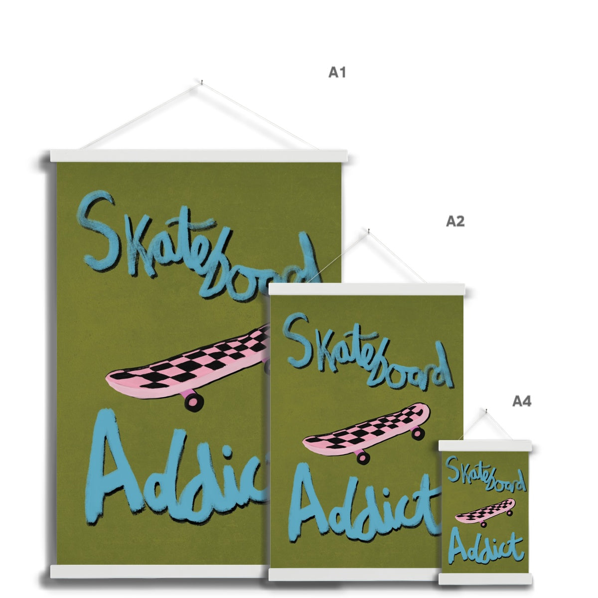 Skateboard Addict - Olive Green, Blue, Pink Fine Art Print with Hanger