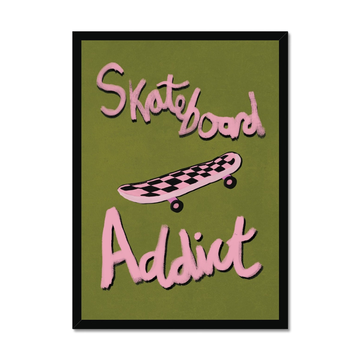 Skateboard Addict - Olive Green, Pink Framed Print