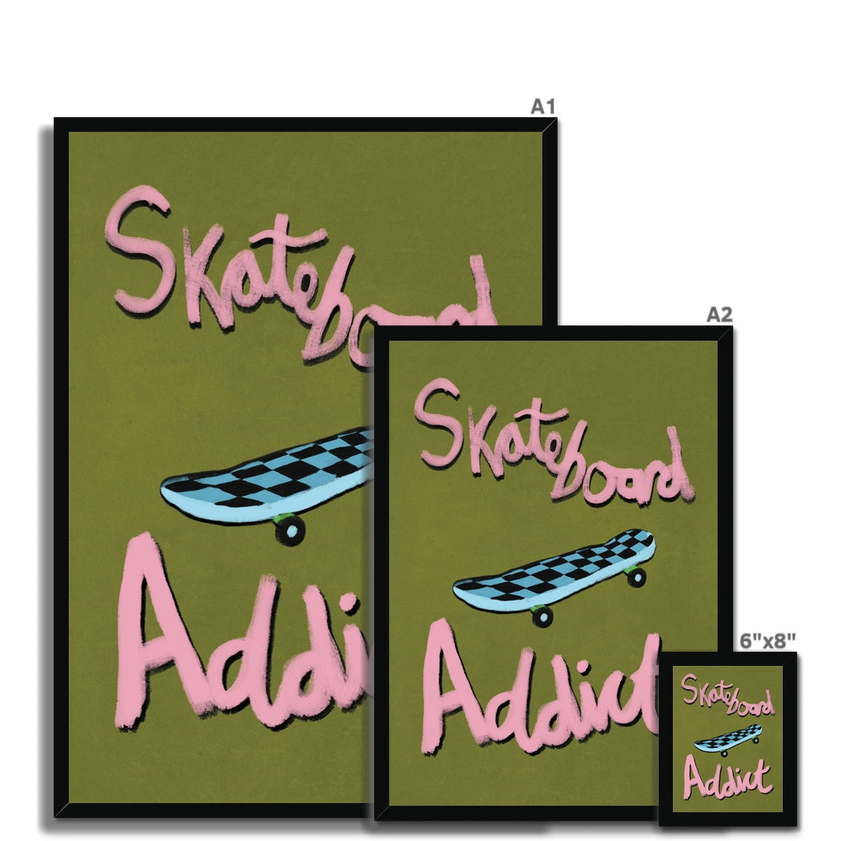 Skateboard Addict - Olive Green, Pink, Blue Framed Print