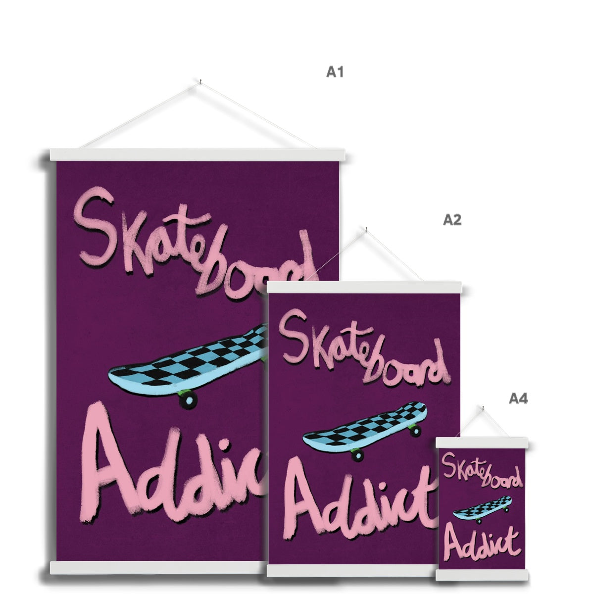 Skateboard Addict - Dark Purple, Pink, Blue Fine Art Print with Hanger