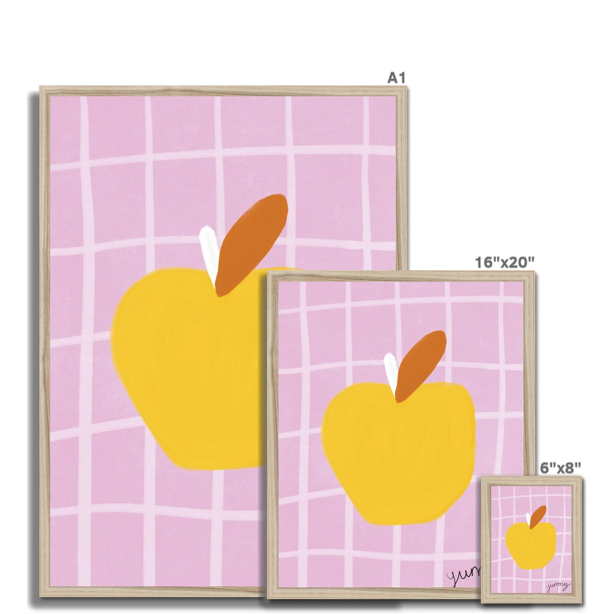 Yummy Apple Print - Dark Pink, Dark Yellow Framed Print