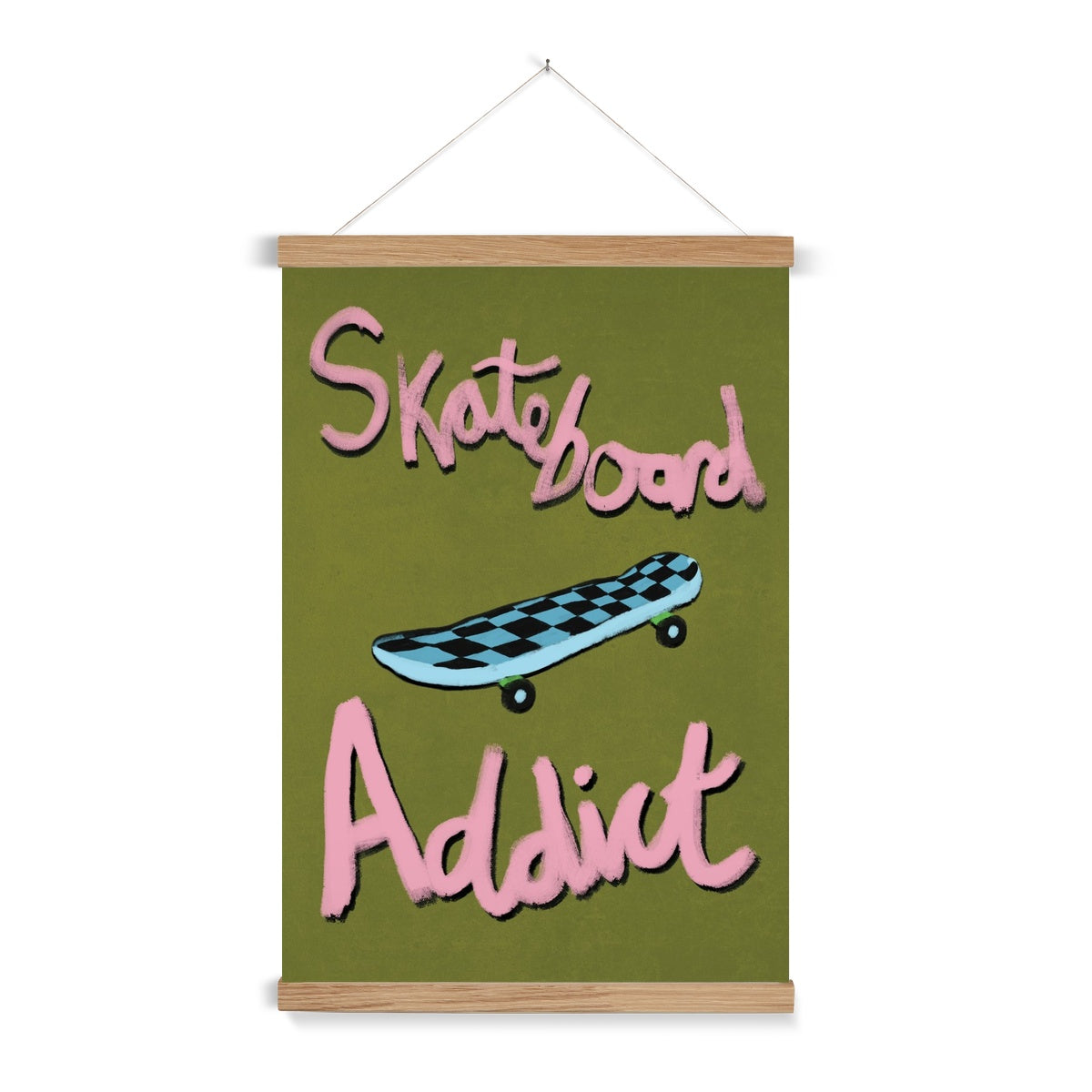 Skateboard Addict - Olive Green, Pink, Blue Fine Art Print with Hanger